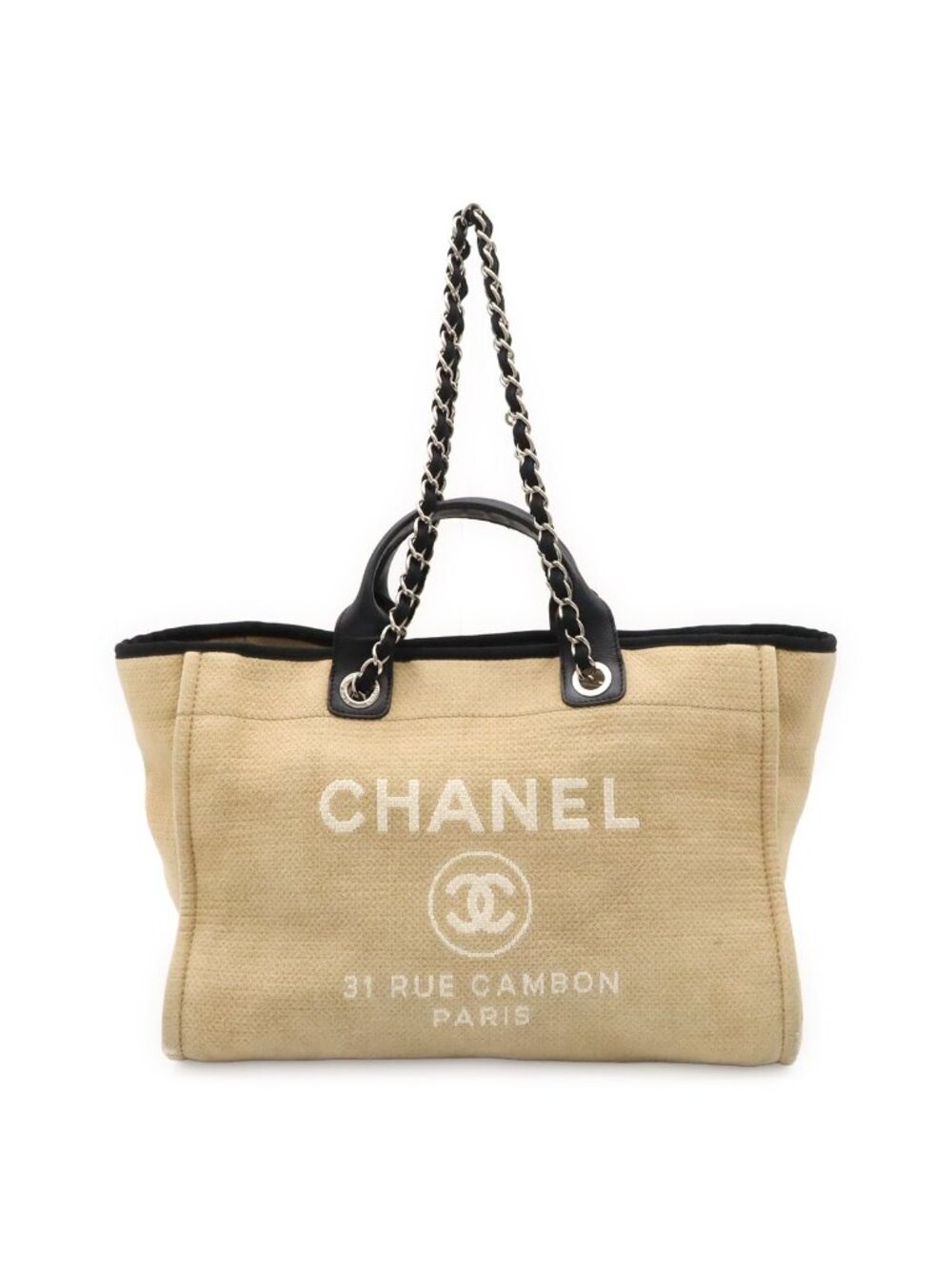 Chanel Deauville Line Large Shopping Tote Bag Chain Shoulder 2-Way Canvas Beige